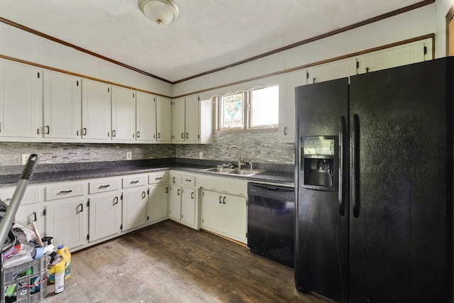 1023 Pine Valley Rd, Kingston Springs, TN 37082 - kitchen featuring black appliances, crown molding, a sink, dark countertops, and dark wood-style flooring