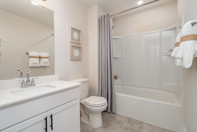 bathroom with toilet, shower / tub combo with curtain, vanity, tile patterned flooring, and recessed lighting