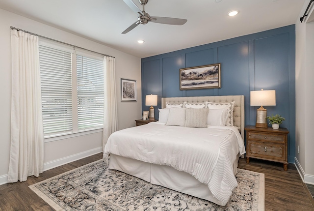 bedroom with dark wood-style floors, baseboards, recessed lighting, and a ceiling fan