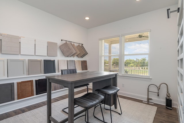 office with baseboards, dark wood-style flooring, and recessed lighting