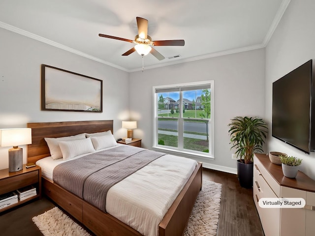 6332 York Dr, Hermitage, TN 37076 - bedroom featuring crown molding, baseboards, dark wood-style flooring, and ceiling fan