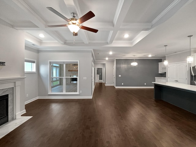 6332 York Dr, Hermitage, TN 37076 - unfurnished living room with a ceiling fan, crown molding, a premium fireplace, coffered ceiling, and recessed lighting
