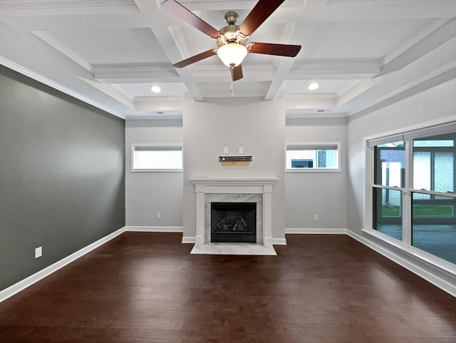 6332 York Dr, Hermitage, TN 37076 - unfurnished living room featuring healthy amount of natural light, a premium fireplace, beamed ceiling, coffered ceiling, and ceiling fan