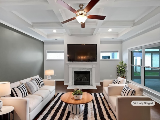 6332 York Dr, Hermitage, TN 37076 - living room featuring ceiling fan, a fireplace, wood finished floors, coffered ceiling, and beamed ceiling