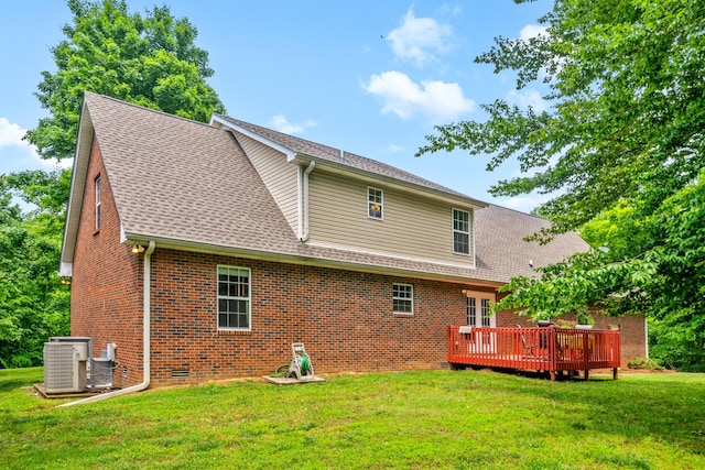 5643 Bethlehem Rd, Springfield, TN 37172 - rear view of property featuring a wooden deck, brick siding, a yard, and cooling unit