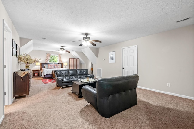 5643 Bethlehem Rd, Springfield, TN 37172 - living room featuring light colored carpet, ceiling fan, baseboards, and a textured ceiling