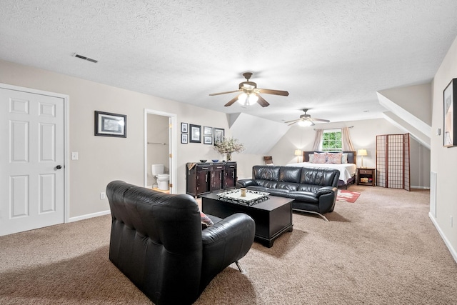 5643 Bethlehem Rd, Springfield, TN 37172 - carpeted living area featuring a ceiling fan, baseboards, a textured ceiling, and lofted ceiling