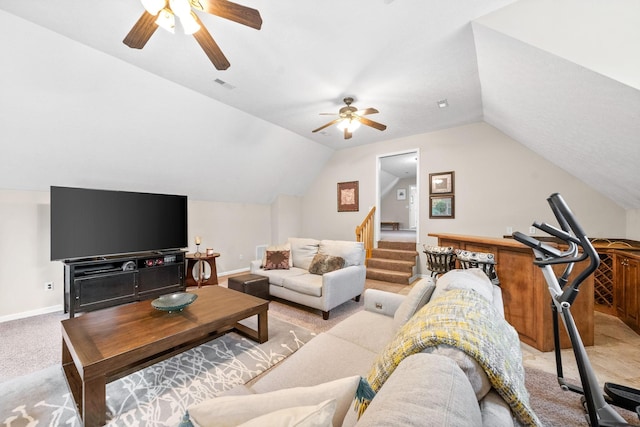 5643 Bethlehem Rd, Springfield, TN 37172 - living room with ceiling fan, vaulted ceiling, light colored carpet, baseboards, and stairway