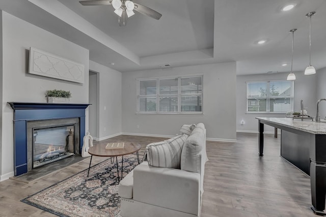 1044 Alta Vista Ln, Smyrna, TN 37167 - living room with a ceiling fan, baseboards, a tray ceiling, wood finished floors, and recessed lighting