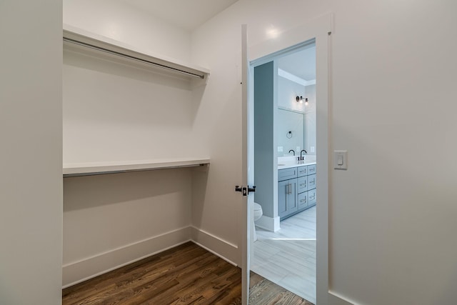 walk in closet featuring dark wood-style floors
