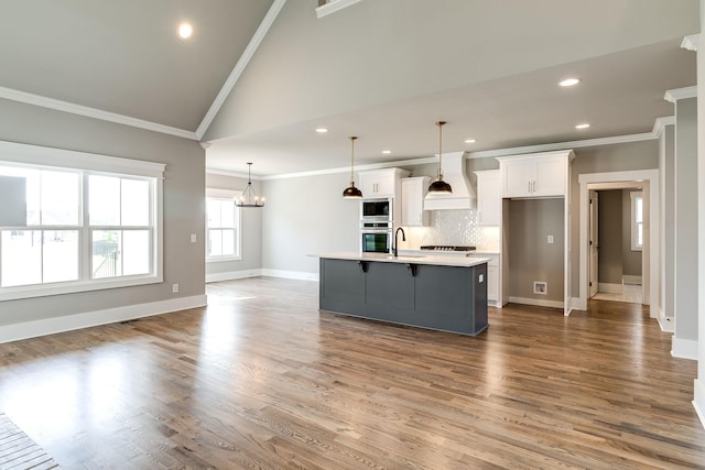 kitchen featuring custom range hood, built in microwave, stainless steel oven, crown molding, and white cabinets