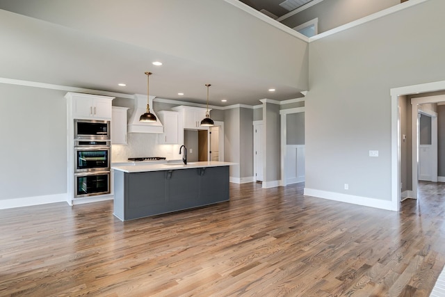 kitchen with custom exhaust hood, appliances with stainless steel finishes, white cabinetry, a sink, and light countertops