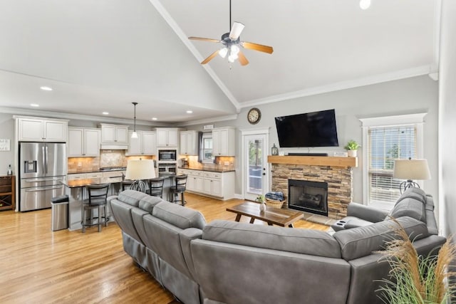 1384 Round Hill Ln, Spring Hill, TN 37174 - living area with ceiling fan, ornamental molding, high vaulted ceiling, light wood-style floors, and recessed lighting