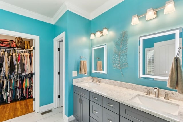 1384 Round Hill Ln, Spring Hill, TN 37174 - full bath with double vanity, crown molding, a spacious closet, and baseboards