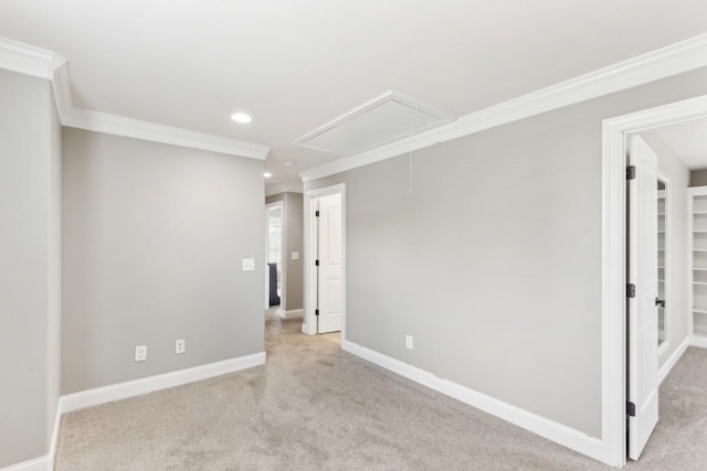 1384 Round Hill Ln, Spring Hill, TN 37174 - empty room with attic access, crown molding, light colored carpet, recessed lighting, and baseboards