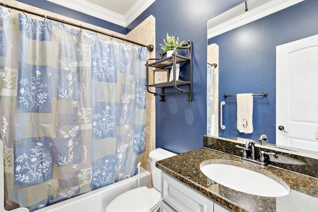 1384 Round Hill Ln, Spring Hill, TN 37174 - bathroom with shower / bath combo with shower curtain, toilet, vanity, and ornamental molding