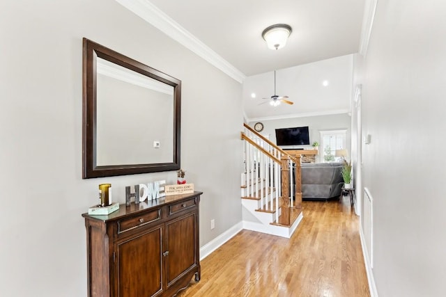 1384 Round Hill Ln, Spring Hill, TN 37174 - hallway with light wood-style floors, ornamental molding, stairway, and baseboards