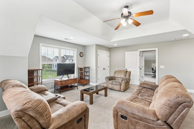 1384 Round Hill Ln, Spring Hill, TN 37174 - living area featuring carpet flooring, baseboards, ceiling fan, a tray ceiling, and recessed lighting