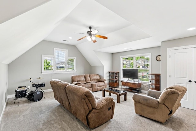 1384 Round Hill Ln, Spring Hill, TN 37174 - carpeted living area with plenty of natural light, a ceiling fan, vaulted ceiling, baseboards, and recessed lighting