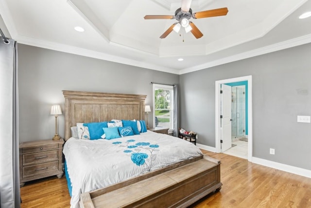 1384 Round Hill Ln, Spring Hill, TN 37174 - bedroom with a tray ceiling, light wood-style flooring, recessed lighting, ornamental molding, and baseboards
