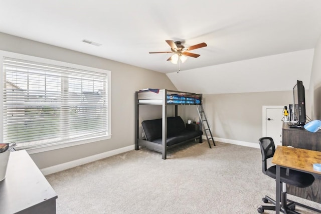 1384 Round Hill Ln, Spring Hill, TN 37174 - bedroom with baseboards, light carpet, vaulted ceiling, and ceiling fan