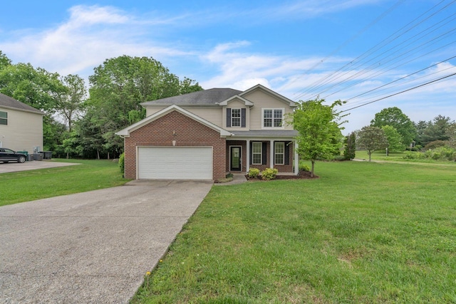 traditional-style house featuring brick siding, a garage, a front yard, concrete driveway, and covered porch