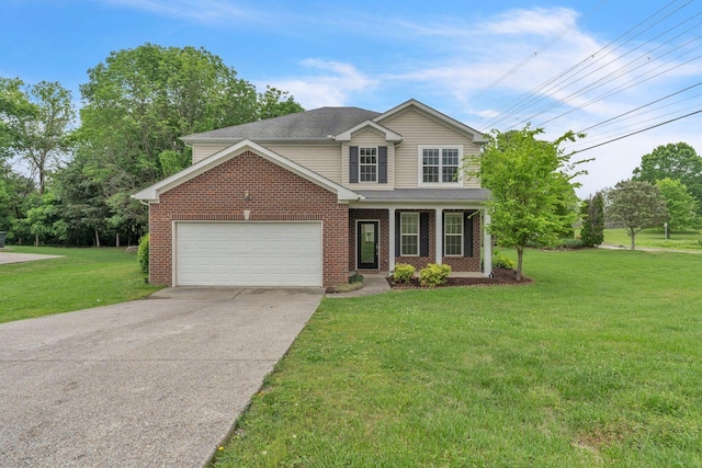 traditional-style house with concrete driveway, a garage, a front yard, brick siding, and covered porch