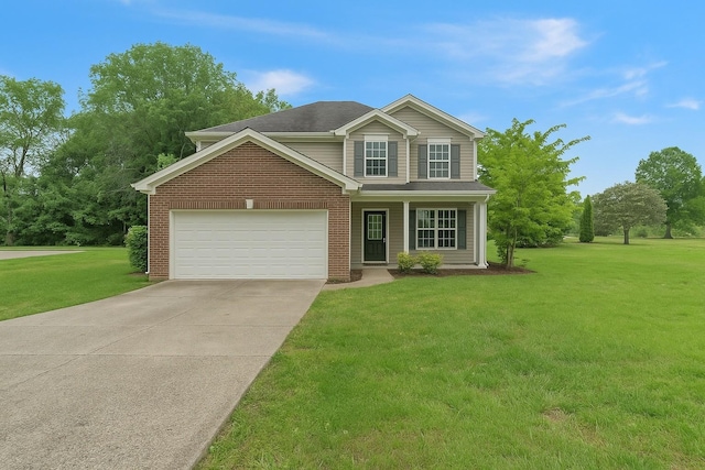 traditional-style house featuring a garage, driveway, a front yard, and brick siding