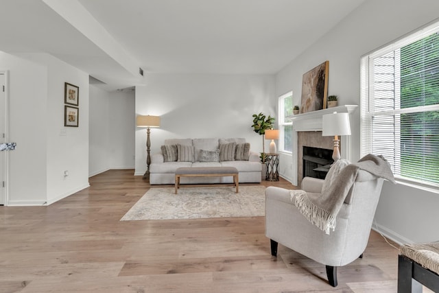 living room featuring light wood-style floors, a fireplace, and baseboards