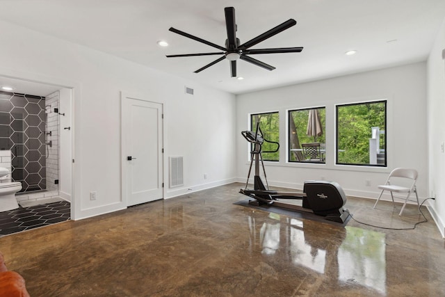 exercise area with a ceiling fan, recessed lighting, and baseboards