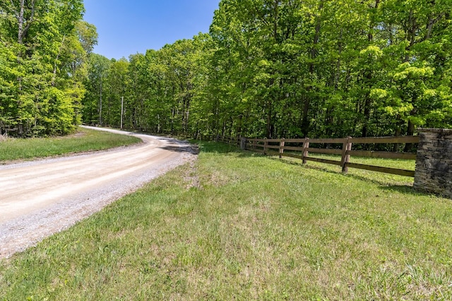 view of dirt / gravel road with a wooded view