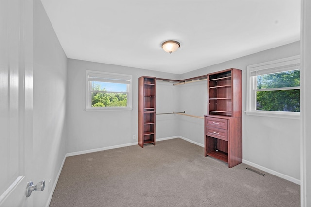 unfurnished bedroom featuring multiple windows, light colored carpet, and baseboards