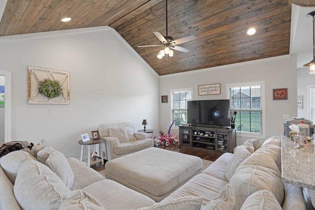 living area with wooden ceiling, vaulted ceiling, ceiling fan, wood finished floors, and recessed lighting