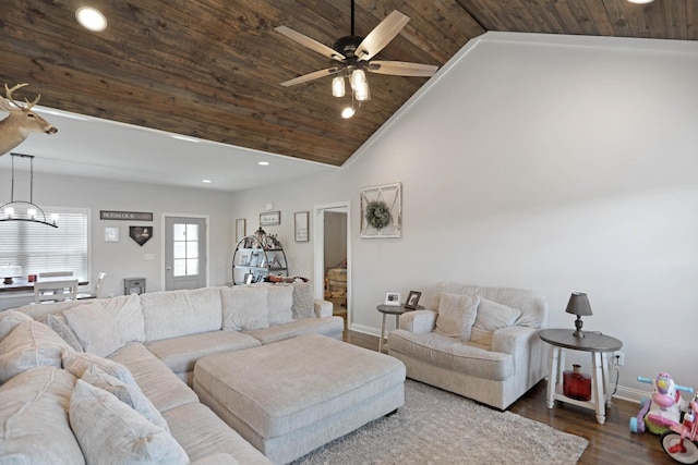 living area featuring wooden ceiling, baseboards, dark wood-style flooring, recessed lighting, and ceiling fan