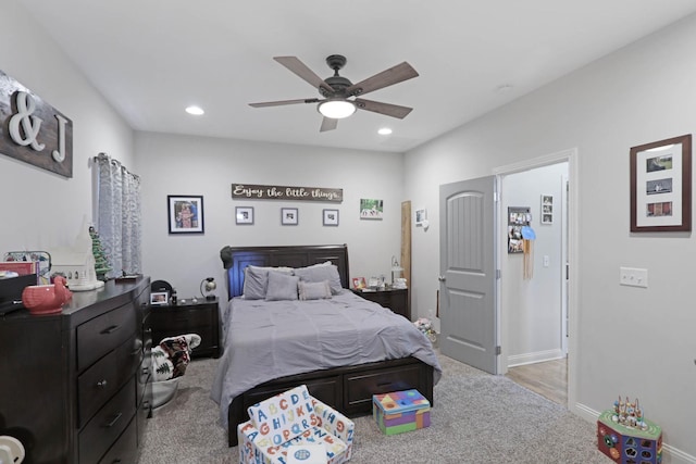 bedroom featuring carpet flooring, recessed lighting, a ceiling fan, and baseboards
