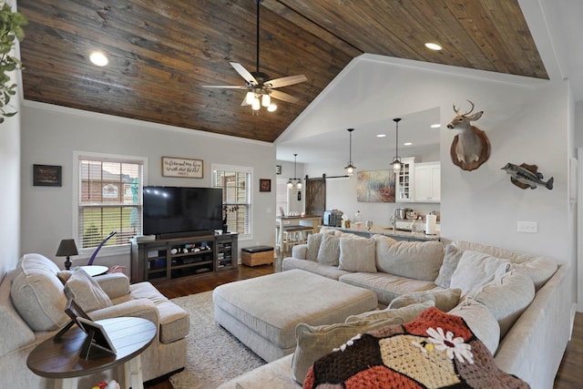 living area featuring wood ceiling, dark wood-style flooring, a ceiling fan, recessed lighting, and high vaulted ceiling