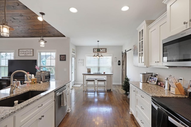 kitchen featuring appliances with stainless steel finishes, a sink, a barn door, white cabinets, and glass insert cabinets