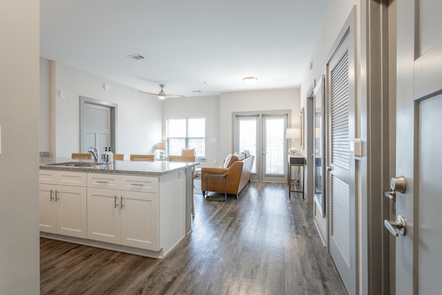 782 Riverfront Pkwy Unit 216, Chattanooga, TN 37402 - kitchen with a sink, dark wood-style flooring, white cabinets, light stone countertops, and open floor plan