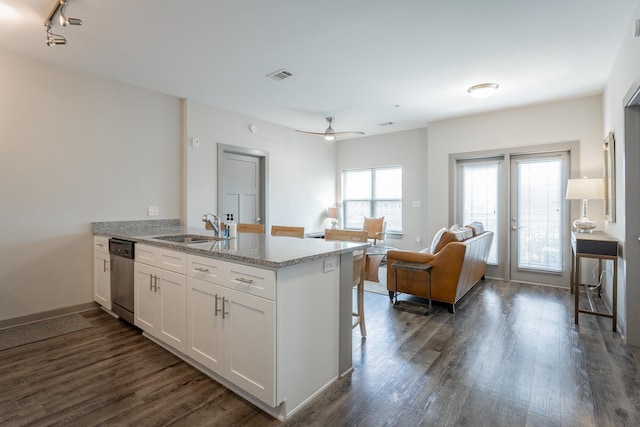 782 Riverfront Pkwy Unit 216, Chattanooga, TN 37402 - kitchen featuring a sink, dishwasher, a peninsula, dark wood finished floors, and white cabinets