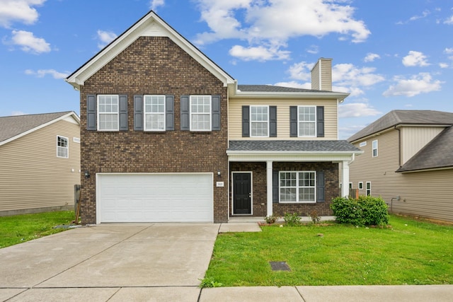 5029 Luker Ln, Antioch, TN 37013 - view of front of property featuring a chimney, a front yard, driveway, an attached garage, and brick siding