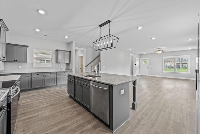 1132 General Marshall Ct, Murfreesboro, TN 37129 - kitchen with appliances with stainless steel finishes, gray cabinets, a sink, backsplash, and an island with sink