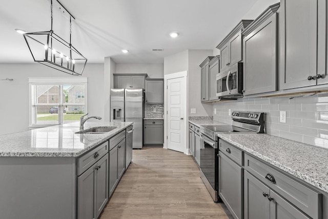 1132 General Marshall Ct, Murfreesboro, TN 37129 - kitchen with stainless steel appliances, gray cabinets, a sink, decorative backsplash, and recessed lighting