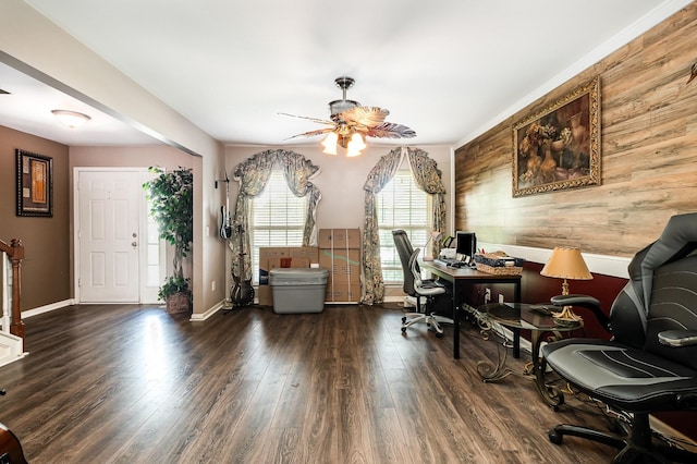 101 Wolverine Trl, La Vergne, TN 37086 - home office with a ceiling fan, wood finished floors, wooden walls, and baseboards