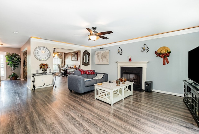 101 Wolverine Trl, La Vergne, TN 37086 - living area with ceiling fan, a fireplace, wood finished floors, baseboards, and ornamental molding