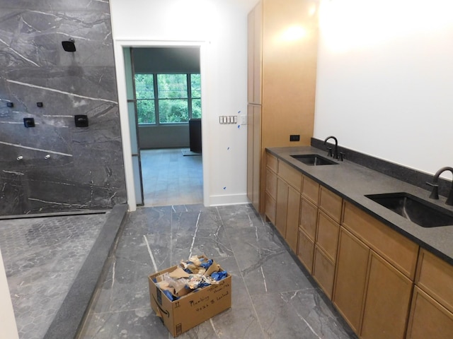 4026B Lealand Ln, Nashville, TN 37204 - full bath featuring marble tiled floors, a shower, and double vanity