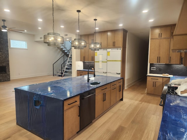 4026B Lealand Ln, Nashville, TN 37204 - kitchen with dishwashing machine, light wood-type flooring, a ceiling fan, custom exhaust hood, and recessed lighting