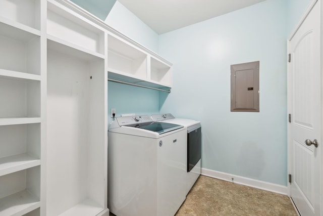 laundry room with electric panel, washing machine and clothes dryer, and baseboards