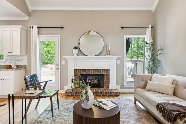living area featuring light wood-style flooring, ornamental molding, a fireplace, and baseboards