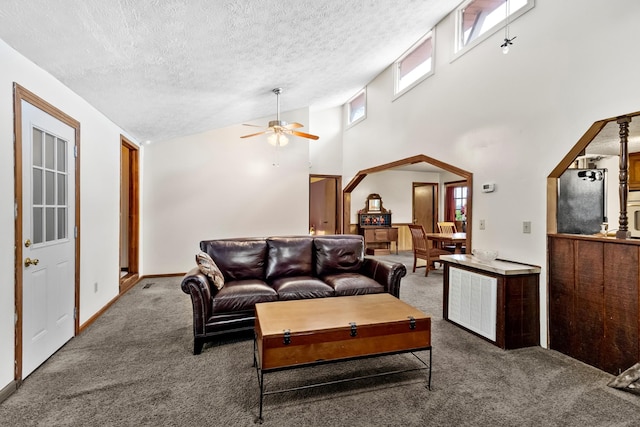 170 School House Ln, Castalian Springs, TN 37031 - carpeted living area featuring a textured ceiling, a ceiling fan, and high vaulted ceiling