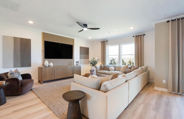 3292 Barrel Oak Pass, Columbia, TN 38401 - living area featuring crown molding, ceiling fan, light wood-style flooring, recessed lighting, and baseboards